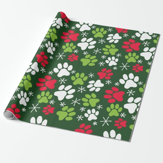 Cat Paw Prints and Snowflakes Red Green Christmas Geschenkpapier (Ungerollt)