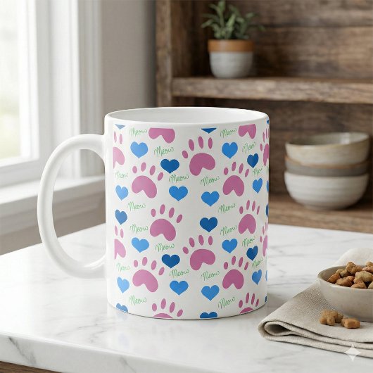 Cat Paw Prints Hearts Meow Pink Blue Green Kaffeetasse