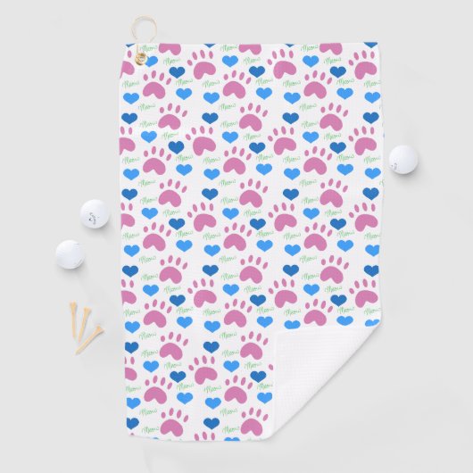 Cat Paws Hearts Hand Drawn Pattern Pink Blue Golfhandtuch (Insitu)