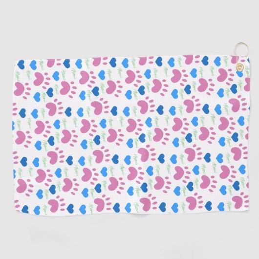 Cat Paws Hearts Hand Drawn Pattern Pink Blue Golfhandtuch (Horizontal)
