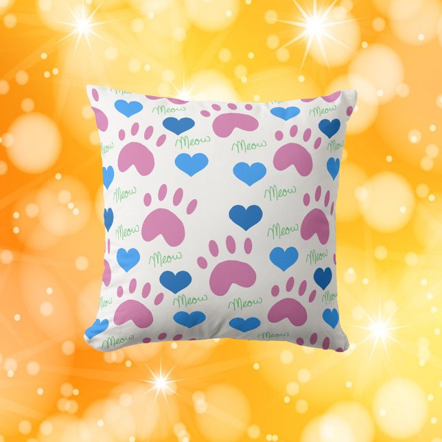 Cat Paws Hearts Meow Hand Drawn Pattern Pink Blue Kissen (A pillow with a pattern of cat paws, hearts and meow in pink, blue and green.)