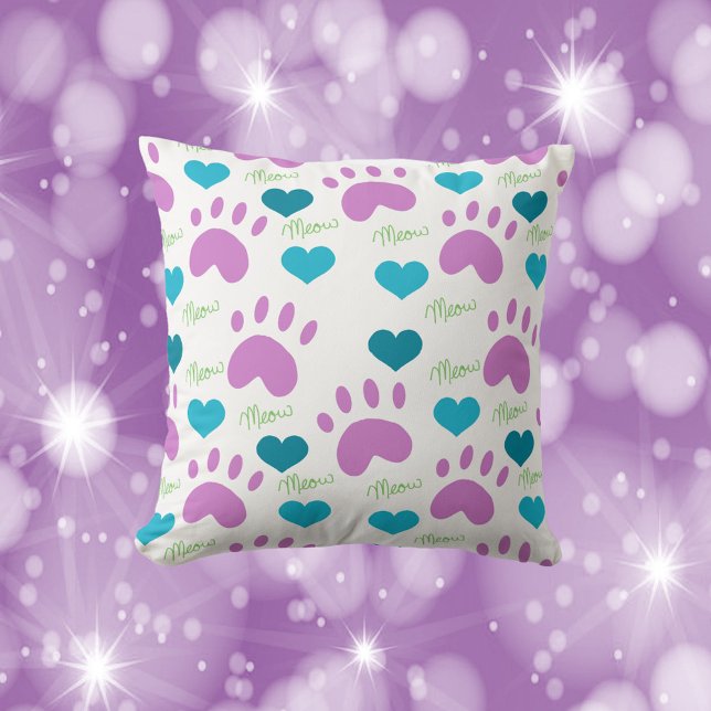 Cat Paws Hearts Meow Muster Pink Aquamarin grün Kissen (A cute throw pillow with a pattern of hearts, cat paw prints and the word meow)