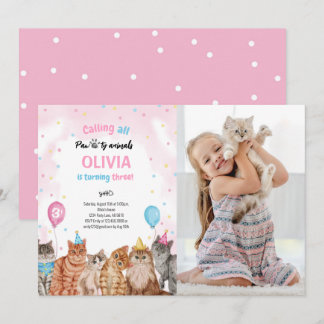 Cat Pawty Animals Girl Geburtstags-Foto Einladung