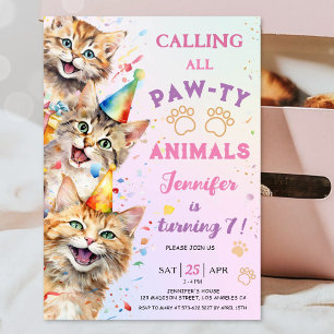 Cat Pawty Birthday Party Girl 7. Geburtstag Einladung