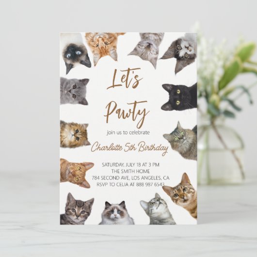 Cat Pawty Einladung zum Geburtstag (Stehend Vorderseite)