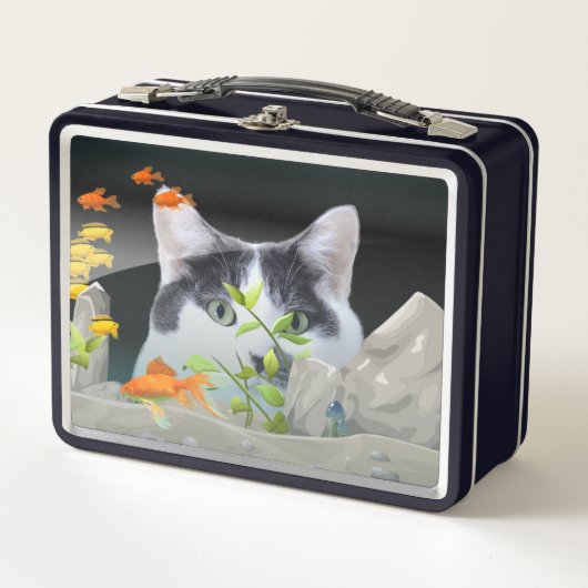 Cat Peering in Fish Tank Custom 2 x Foto Metall Brotdose (Vorderseite)