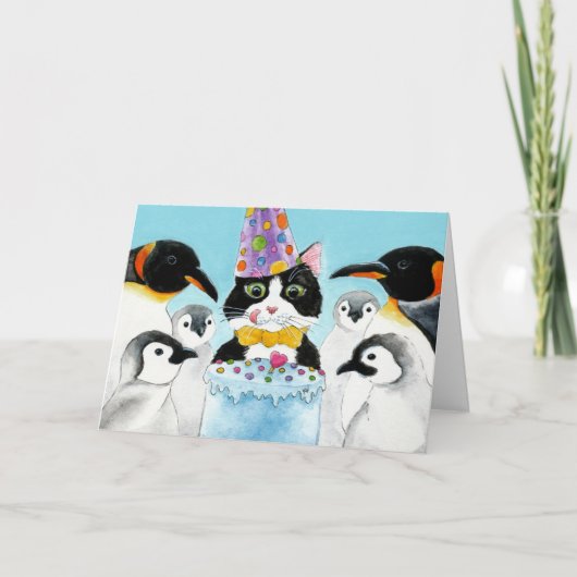 Cat, Penguins, Cake Birthday Card Karte (Vorderseite)