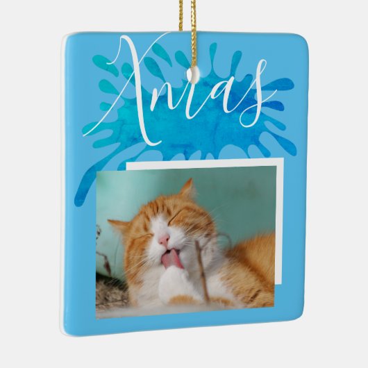 Cat Pet Blue Xmas Weihnachts-Foto Keramikornament (Rechts)