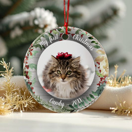 Cat Pet Erstes Weihnachtsfest Foto Rusti Wreaths Keramik Ornament