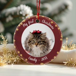 Cat Pet Erstes Weihnachtsfest Foto Rustikale Licht Keramik Ornament