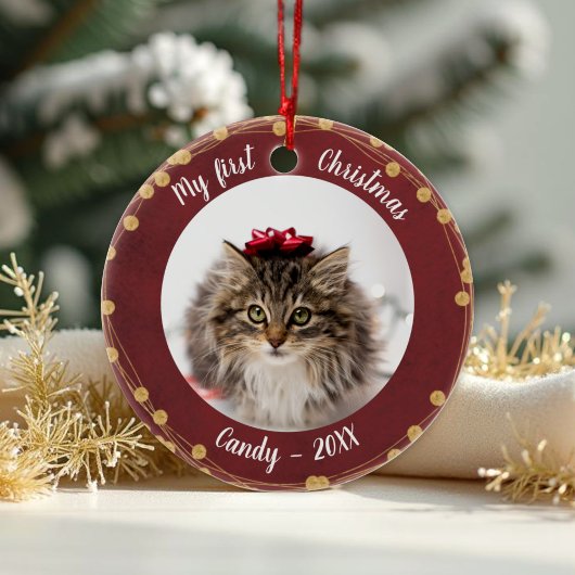 Cat Pet Erstes Weihnachtsfest Foto Rustikale Licht Keramik Ornament