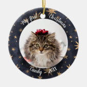 Cat Pet Erstes Weihnachtsfest Foto Rustikale Messi Keramik Ornament (Vorne)