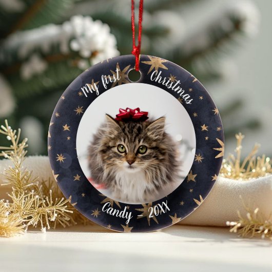 Cat Pet Erstes Weihnachtsfest Foto Rustikale Messi Keramik Ornament