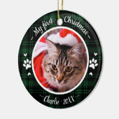 Cat Pet Erstes Weihnachtsfest Foto Rustikales Grün Keramik Ornament (Links)