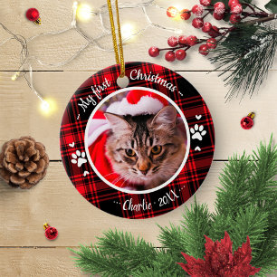 Cat Pet Erstes Weihnachtsfest Foto Rustikales Rote Keramik Ornament