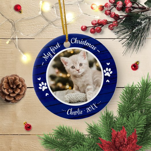 Cat Pet First Christmas Einfaches Foto Rustikal Bl Keramik Ornament