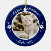 Cat Pet First Christmas Einfaches Foto Rustikal Bl Keramik Ornament (Vorne)