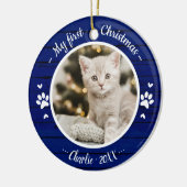 Cat Pet First Christmas Einfaches Foto Rustikal Bl Keramik Ornament (Links)
