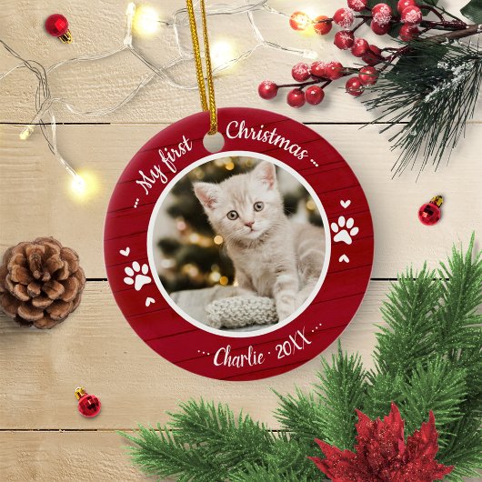 Cat Pet First Christmas Einfaches Foto Rustikal Ornament Aus Metall