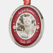 Cat Pet First Christmas Einfaches Foto Rustikal Ornament Aus Metall (Links)