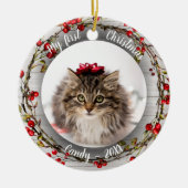 Cat Pet First Christmas Foto Red Berry Wreath Keramik Ornament (Vorne)