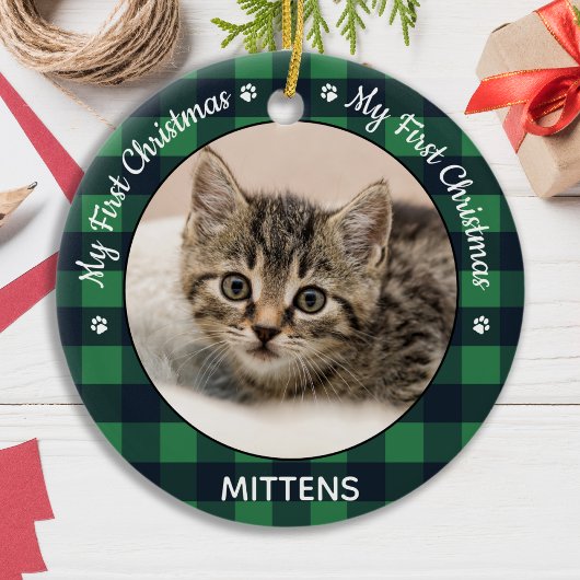 Cat Pet Foto Green Kariert Kitten Erste Weihnachte Keramik Ornament