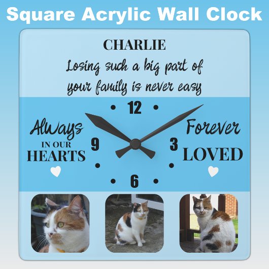Cat pet loss Keepake Memorial blue Quadratische Wanduhr