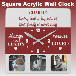 Cat pet Loss Keepake Memorial burgundy Quadratische Wanduhr
