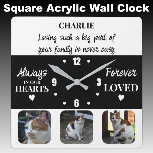 Cat pet Loss Keepake Memorial schwarz Quadratische Wanduhr