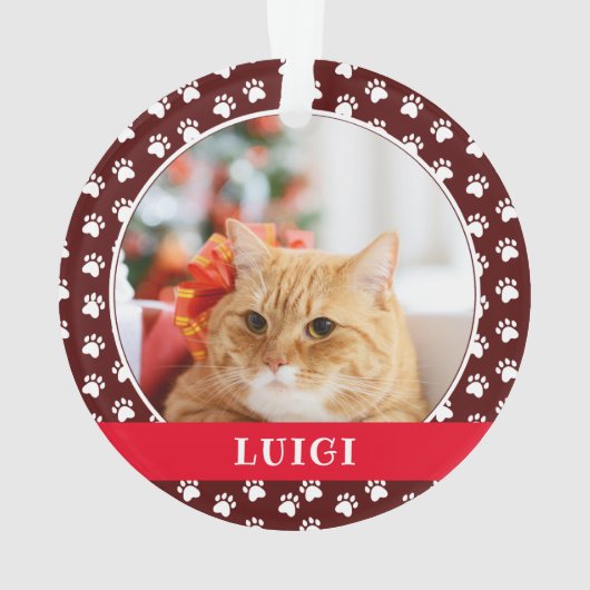Cat Photo with Paw Print Pattern with Name Ornament (Rückseite)
