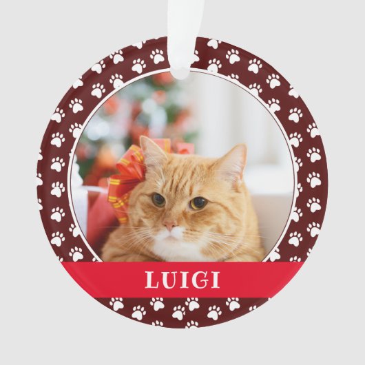 Cat Photo with Paw Print Pattern with Name Ornament (Vorderseite)