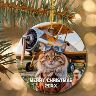 Cat Pilot Flugzeug Funny Aviation Foto Weihnachten Keramik Ornament