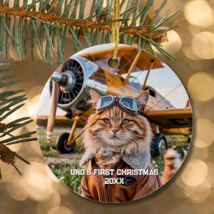 Cat Pilot Flugzeug Funny Aviation Foto Weihnachten Keramik Ornament