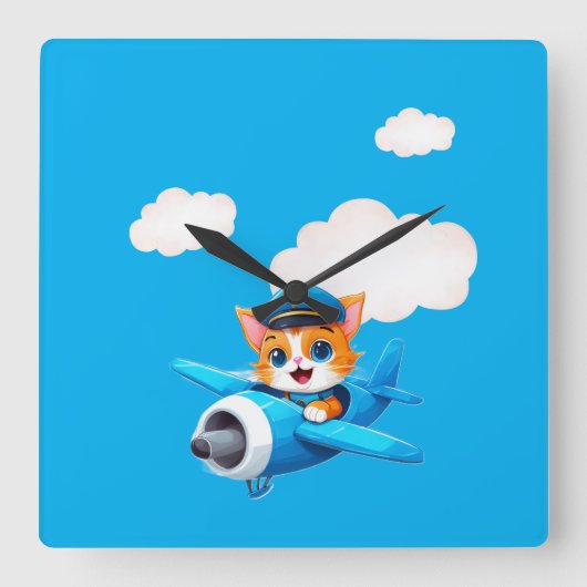 Cat Pilot Quadratische Wanduhr (Vorderseite)