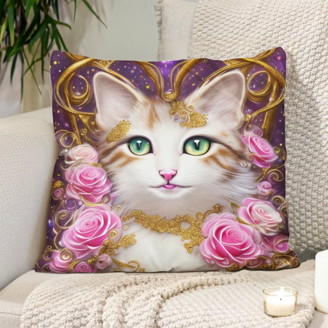 Cat Pink Gold Rose Malerei Kissen (Cute cat, pink roses, gold, and purple pillow)
