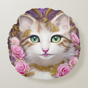 Cat Pink Gold Rose Malerei Rundes Kissen