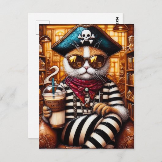 Cat Pirate trinken Eiskaffee enursächlichen Kunsts Postkarte (Vorne/Hinten)