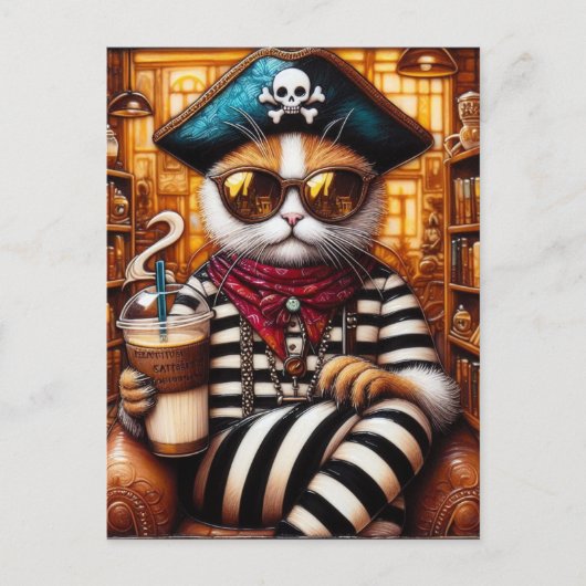 Cat Pirate trinken Eiskaffee enursächlichen Kunsts Postkarte (Vorderseite)