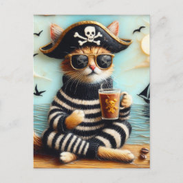 Cat Pirate trinken Kaffee enauskausale Art Stil Postkarte