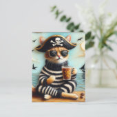 Cat Pirate trinken Kaffee enauskausale Art Stil Postkarte (Stehend Vorderseite)