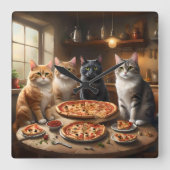 Cat Pizza Night, Quadratische Wanduhr (Vorderseite)