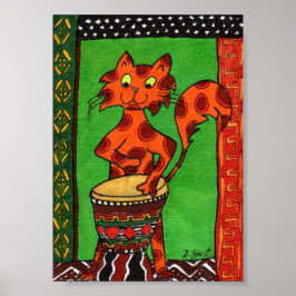 Cat Playing African Djembe Drum Mini Folk Art Poster