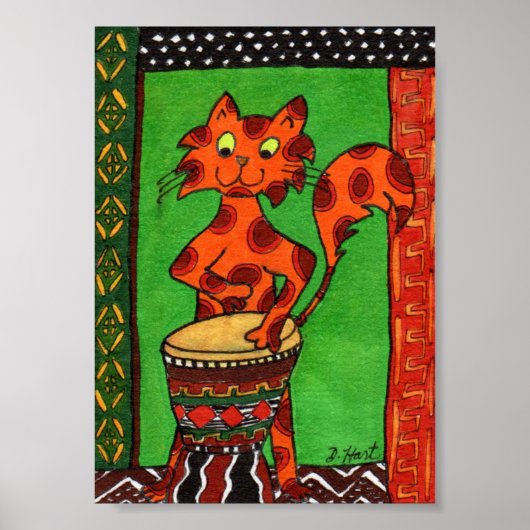 Cat Playing African Djembe Drum Mini Folk Art Poster (Vorne)