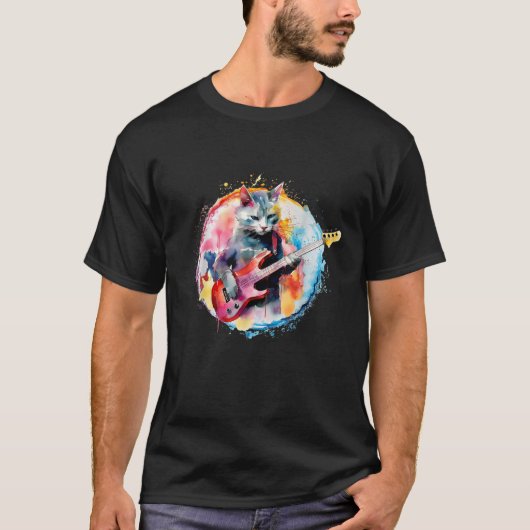 Cat Playing Bass Guitar Watercolor Graphic Design T-Shirt (Vorderseite)