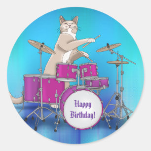 Cat Playing Drums - Blue Round Sticker