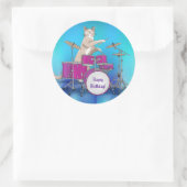 Cat Playing Drums - Blue Round Sticker (Tasche)