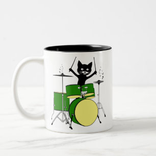 Cat Playing Drums, Funny Cat Playing Drums Zweifarbige Tasse