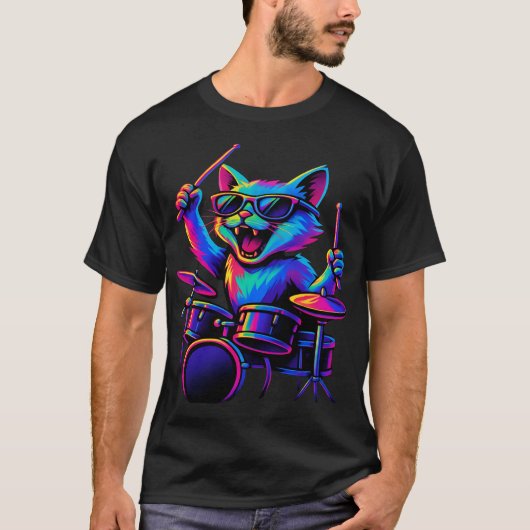 Cat Playing Drums Wearing Sunglasses Drumming Drum T-Shirt (Vorderseite)
