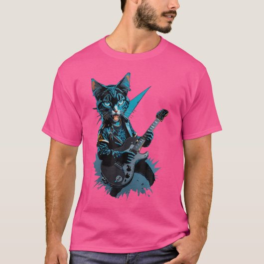 Cat Playing Electric Gitarre Heavy Metal Rock Cat T-Shirt (Vorderseite)