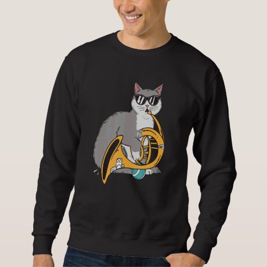 Cat Playing French Horn Playing Music Black Glasse Sweatshirt (Vorderseite)